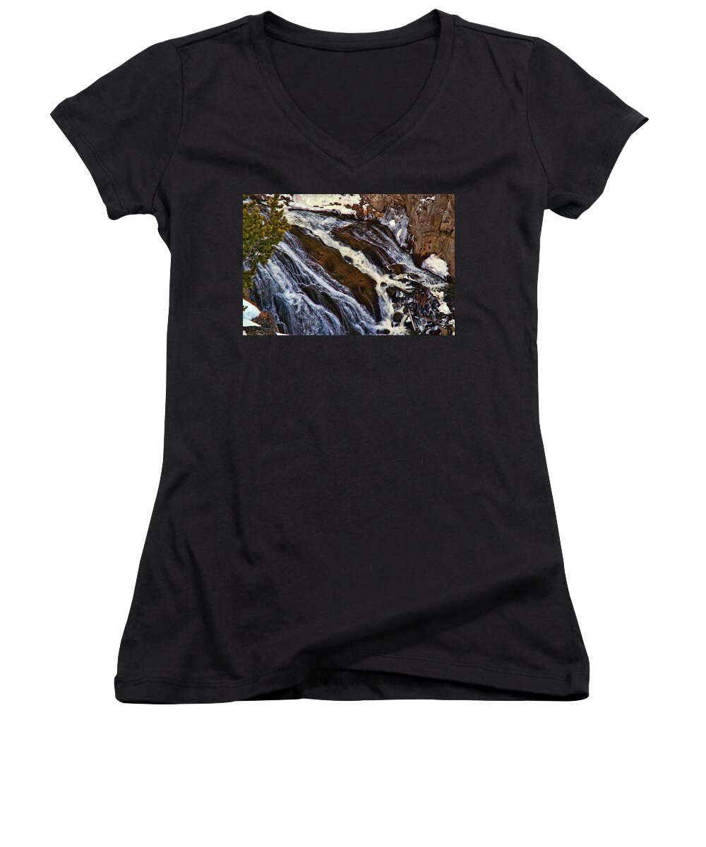 Falls Photographs Canvas Prints Women's V-Neck featuring the photograph Waterfall in Yellowstone by C Sitton