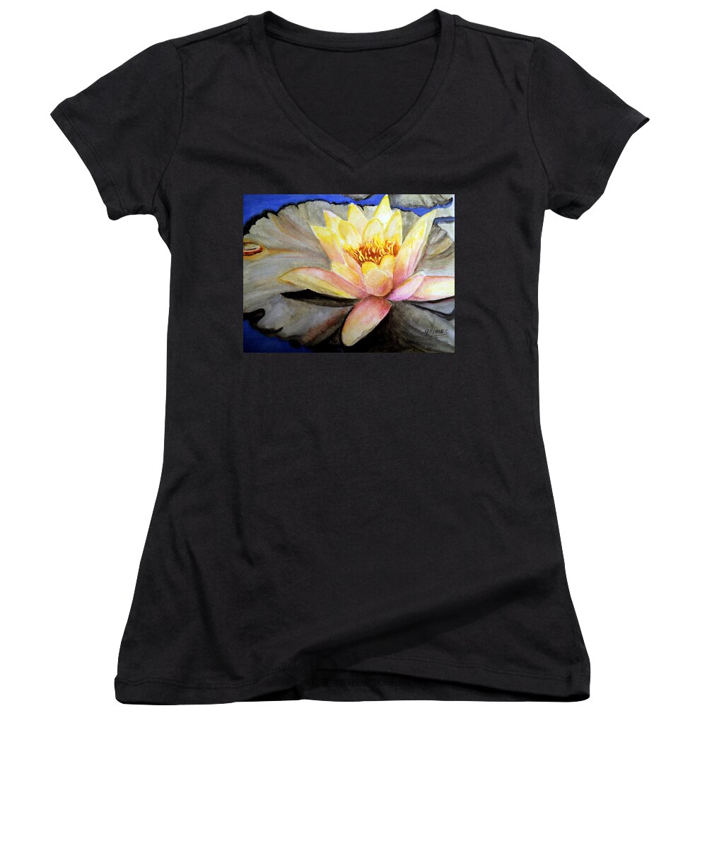 Waterlily. Flower. Water Garden Women's V-Neck featuring the painting Waterlily by Carol Grimes