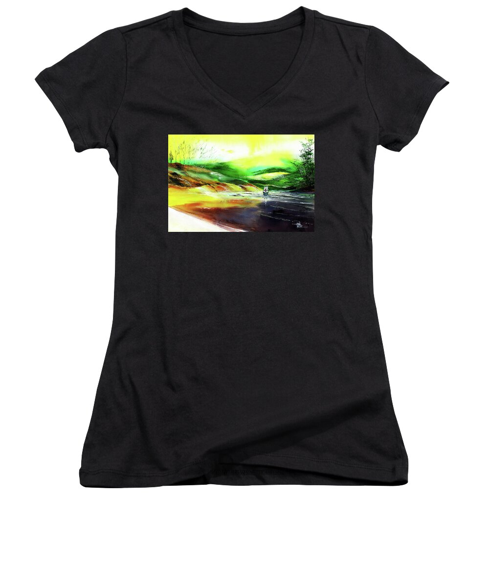 Nature Women's V-Neck featuring the painting Welcome Back by Anil Nene