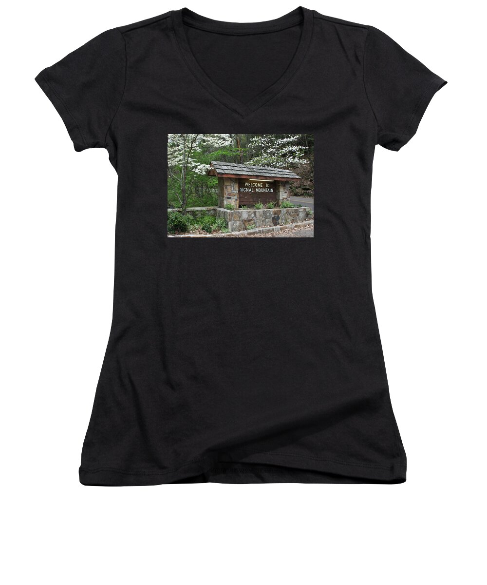 Welcome Women's V-Neck featuring the photograph Welcome to Signal Mountain Spring by Tom and Pat Cory