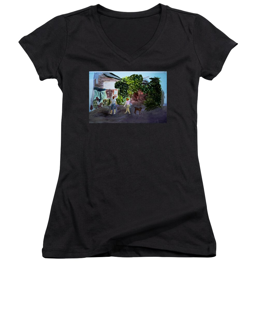  Landscapes Women's V-Neck featuring the painting West End Shopping by Donna Walsh