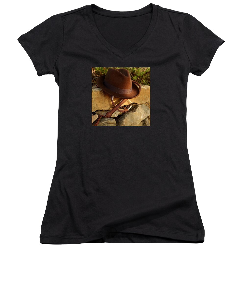 Indiana Jones Women's V-Neck featuring the photograph Where is Indiana? by Angelo DeVal