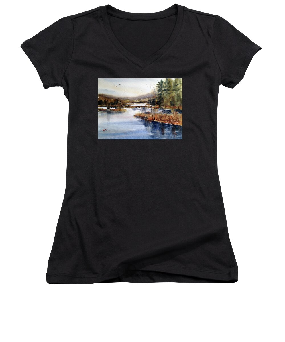 Watercolor Women's V-Neck featuring the painting Where Peaceful Waters Flow by Judith Levins