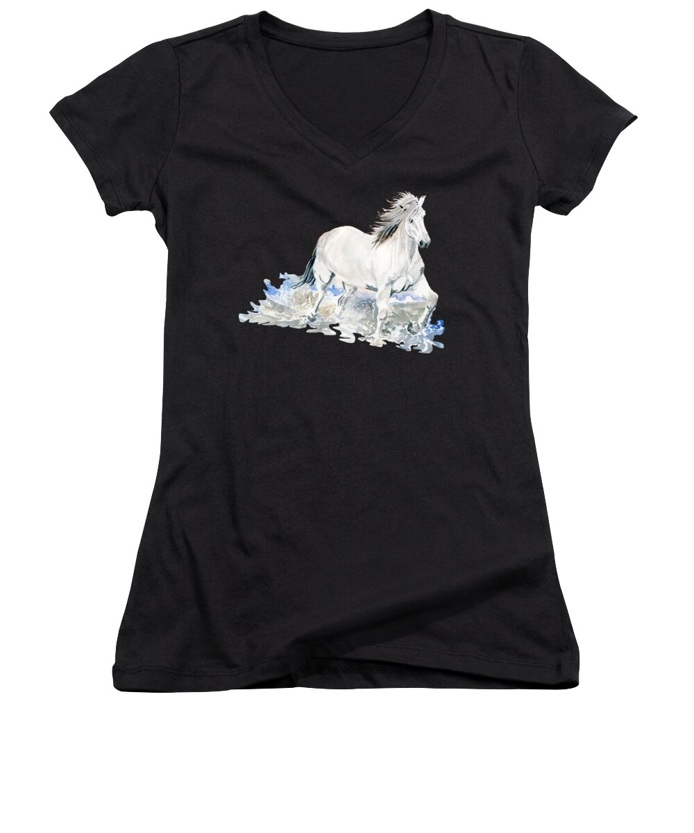 Wild White Horse Women's V-Neck featuring the painting Wild White Horse #1 by Melly Terpening