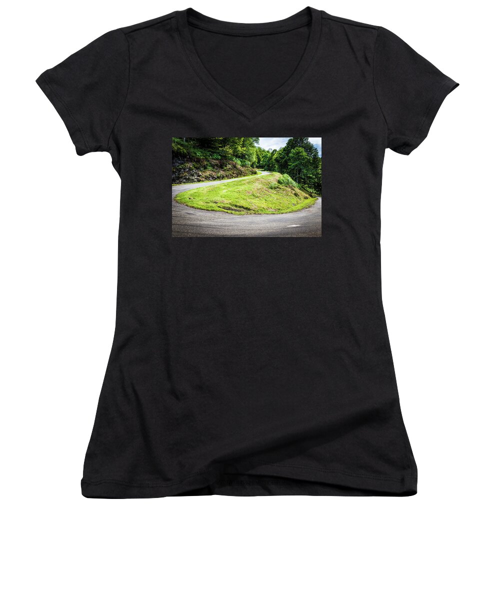 Boussenac Women's V-Neck featuring the photograph Winding road with sharp bend going up the mountain by Semmick Photo