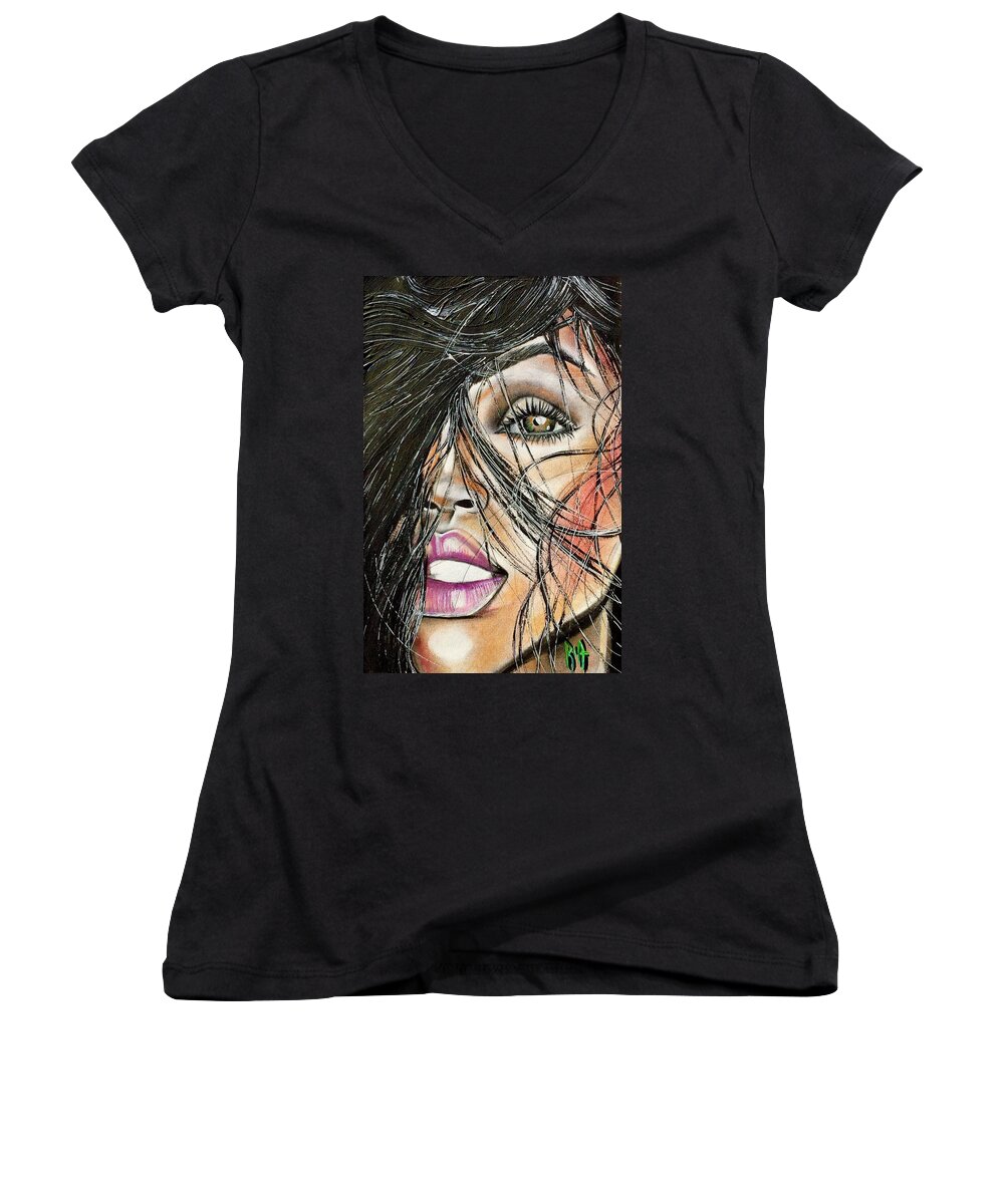 Artist Ria Women's V-Neck featuring the drawing Windy Daze by Artist RiA