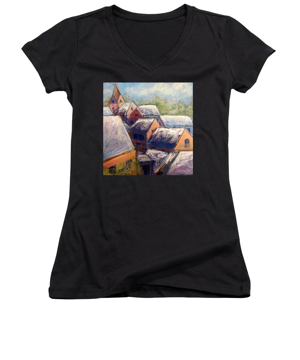 Snow Women's V-Neck featuring the pastel Winter Village by Barbara O'Toole