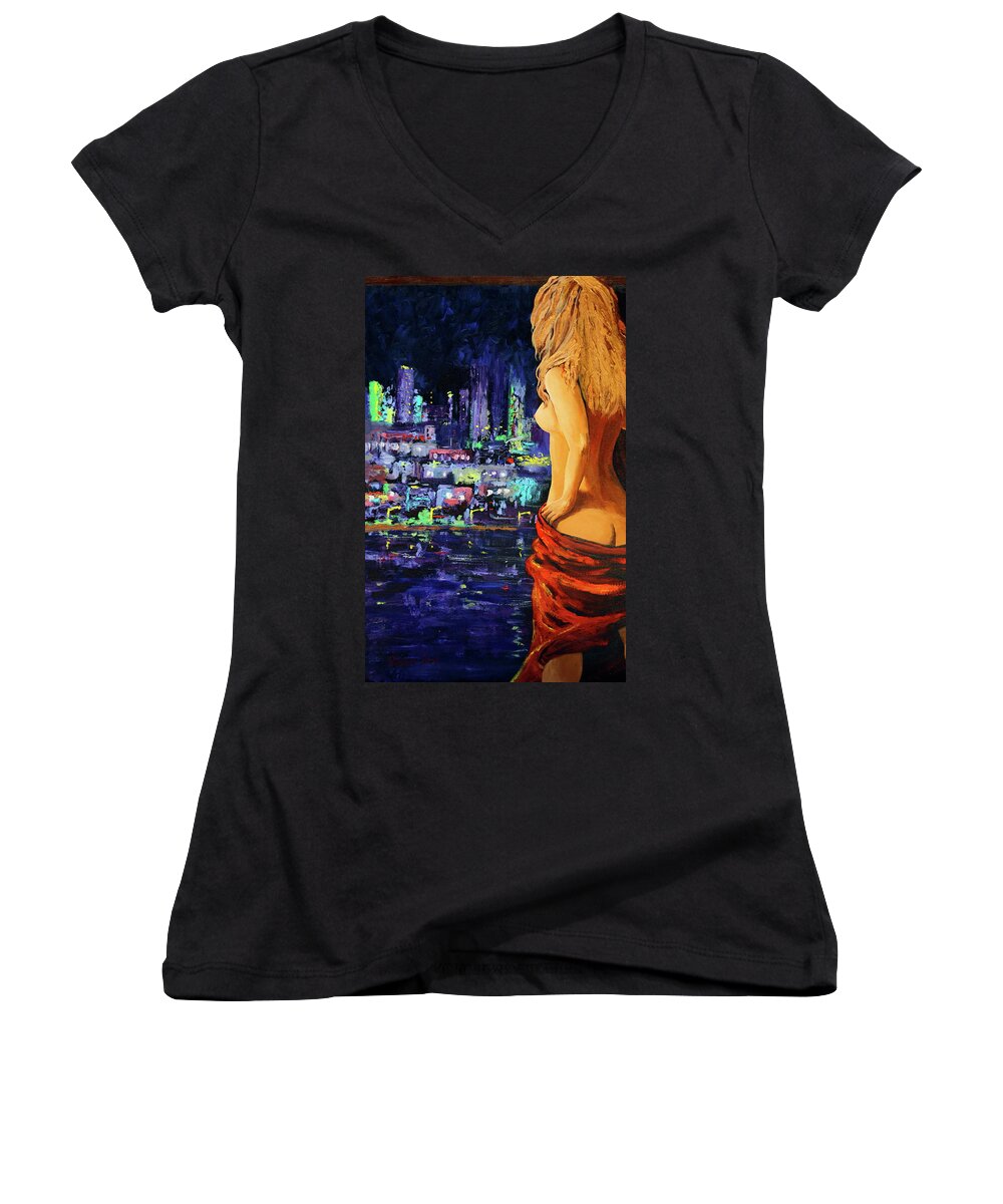 Woman Women's V-Neck featuring the painting Wishful Thinking by Karon Melillo DeVega
