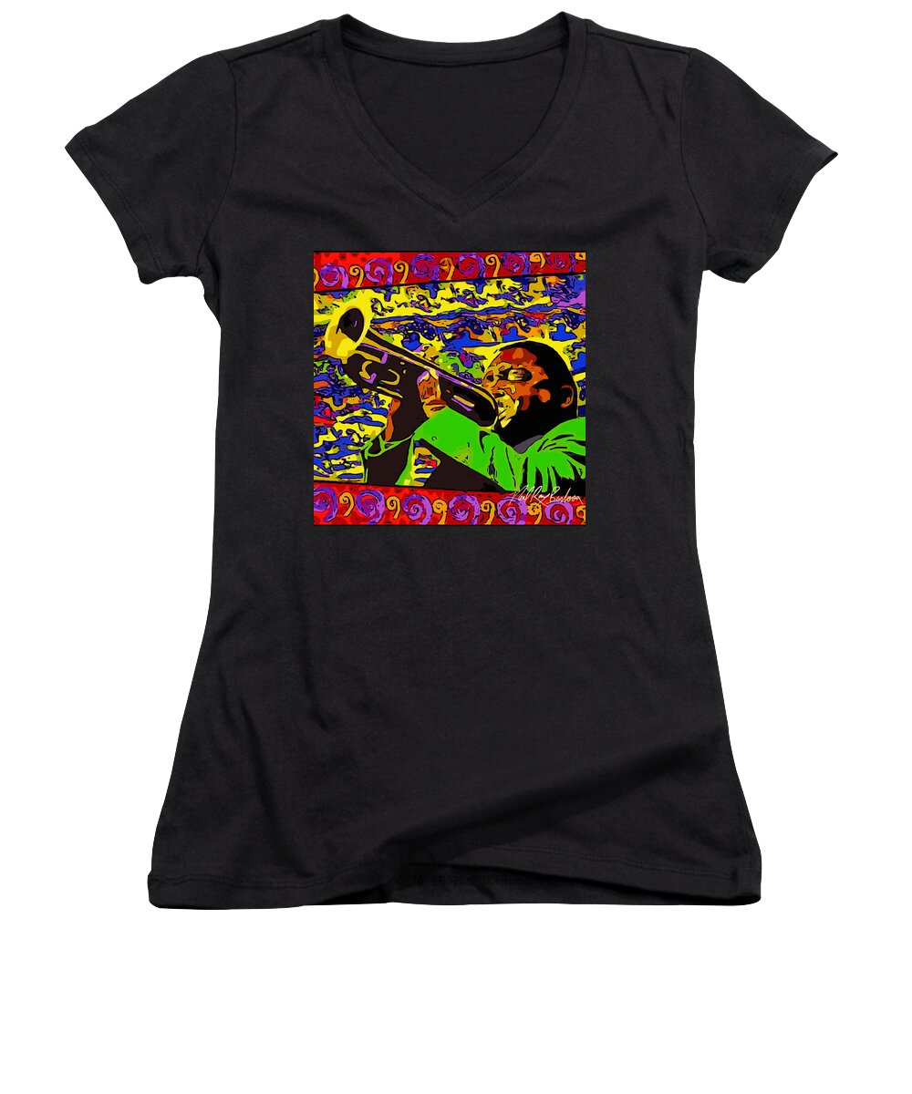 Digital Rework Women's V-Neck featuring the painting Wynton Marsalis plays Louis Armstrong rework by Neal Barbosa