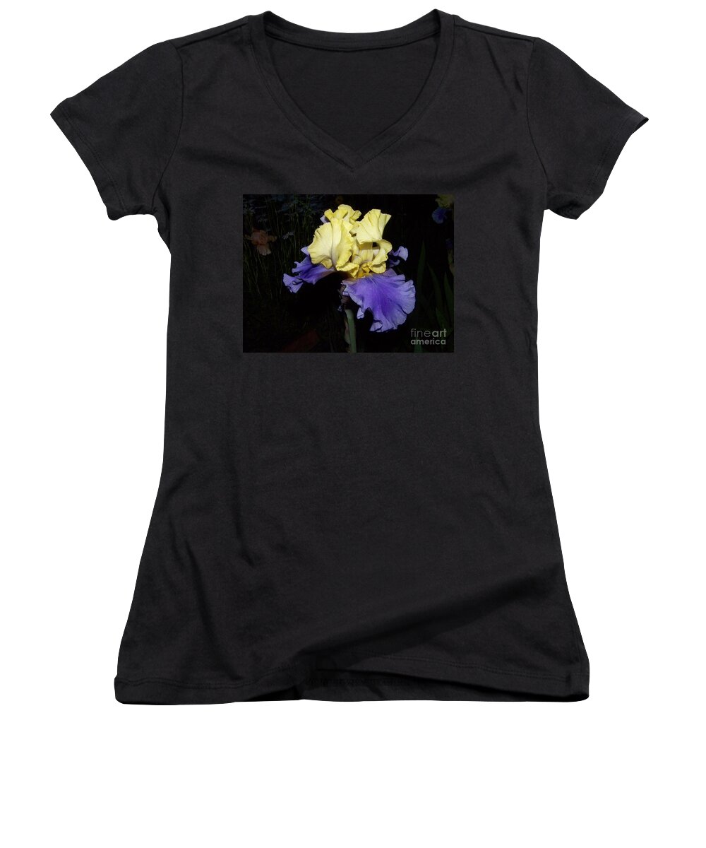 Iris Women's V-Neck featuring the photograph Yellow and Blue Iris by Kathy McClure