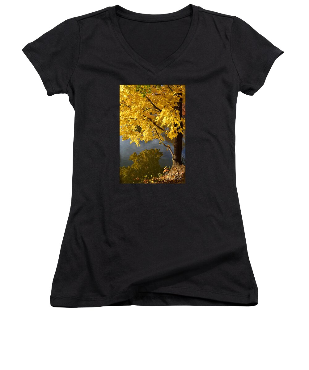 Yellow Tree Women's V-Neck featuring the photograph Yellow Tree Reflections by Amy Lucid