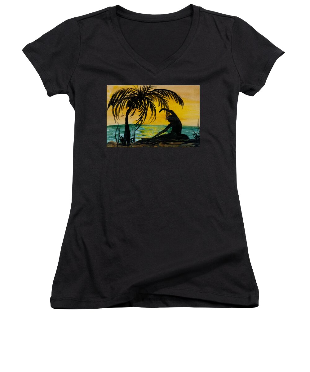 Yoga Seated Side Bend Women's V-Neck featuring the painting Yoga Seated Side Bend by Donna Walsh