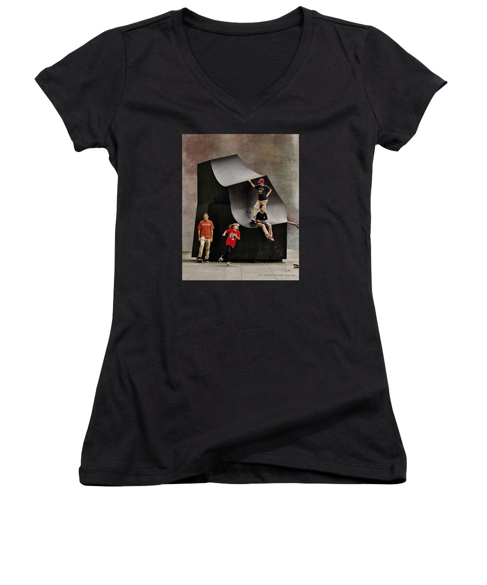 Street Women's V-Neck featuring the photograph Young Skaters Around A Sculpture by Pedro L Gili