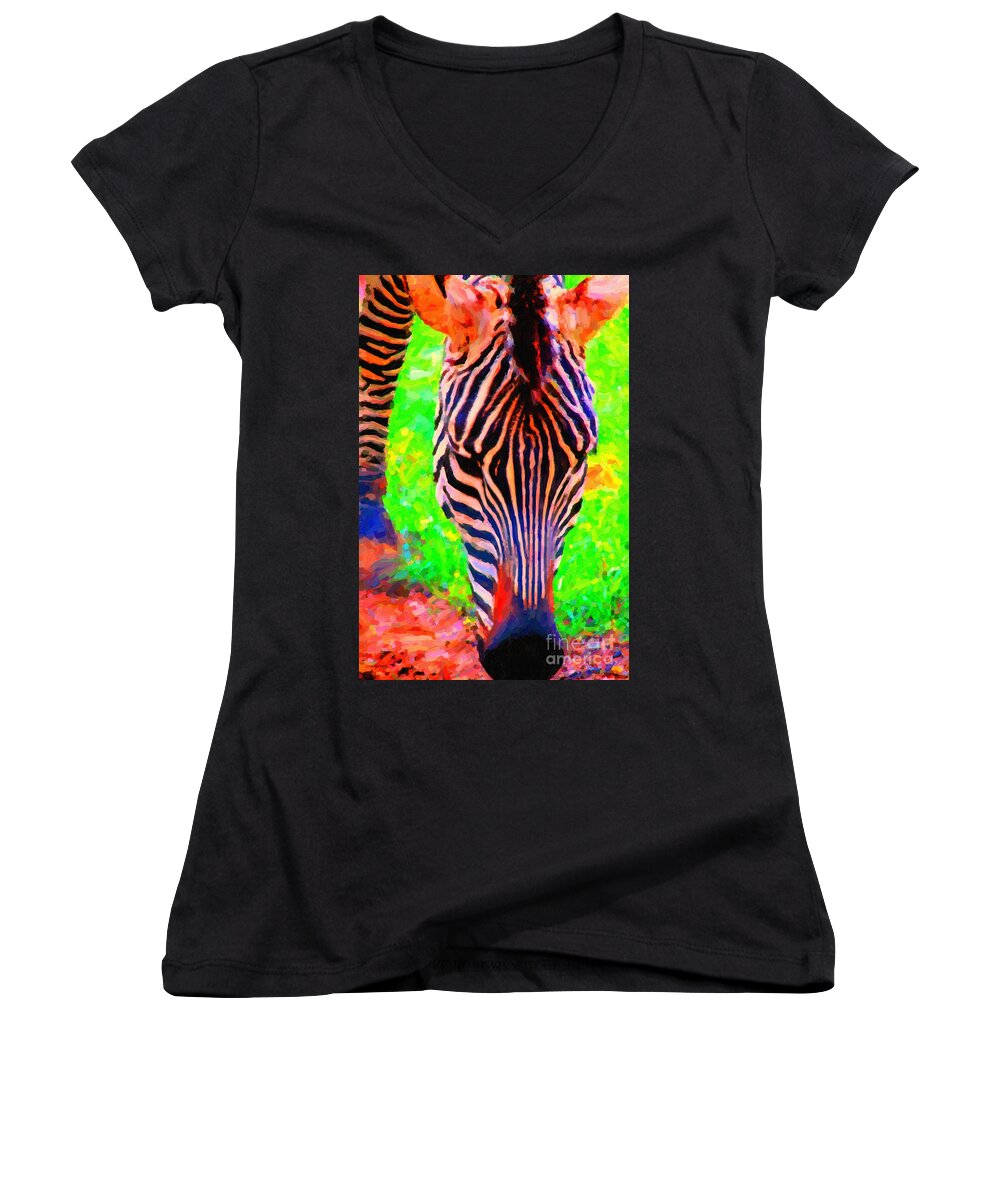 Zebra Women's V-Neck featuring the photograph Zebra . Photoart by Wingsdomain Art and Photography