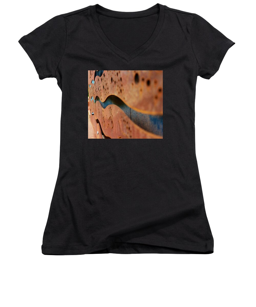 Industrial Abstract Metal Design Women's V-Neck featuring the photograph 1 Abstract Lake Patricia Sign 3 by Joan Stratton