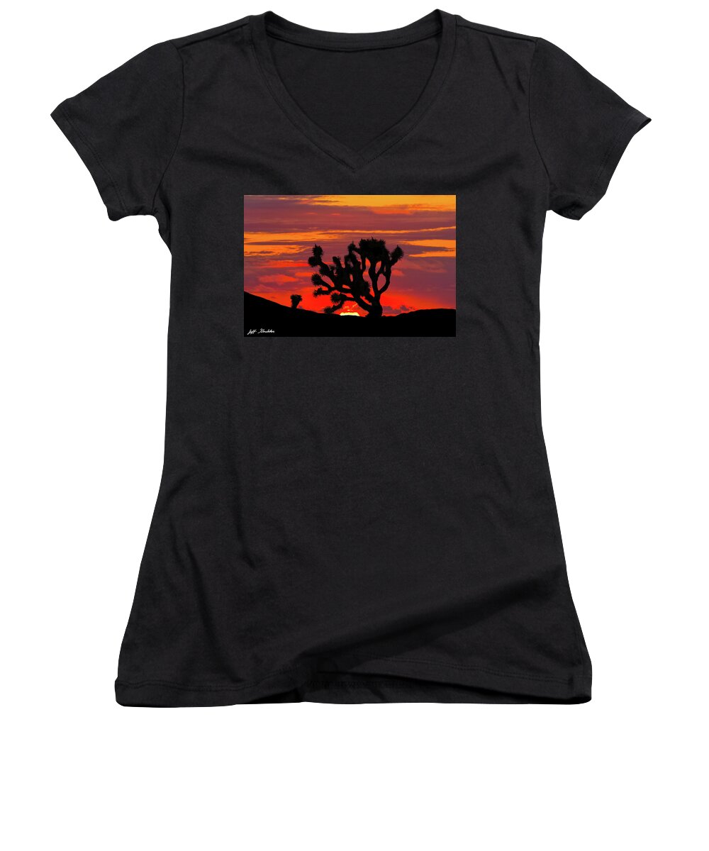 Arid Climate Women's V-Neck featuring the photograph Joshua Tree at Sunset #1 by Jeff Goulden