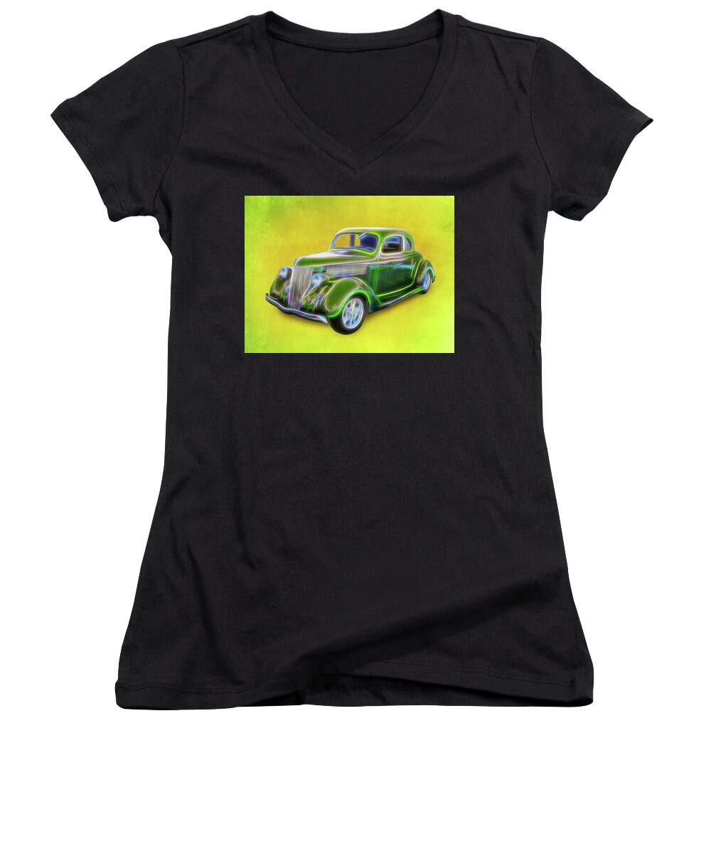1936 Ford Green Women's V-Neck featuring the digital art 1936 Green Ford by Rick Wicker