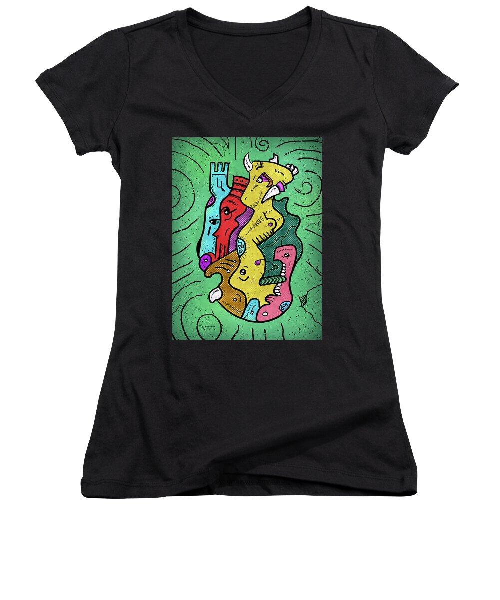 Cute Kitty Women's V-Neck featuring the digital art Psychedelic Animals #2 by Sotuland Art