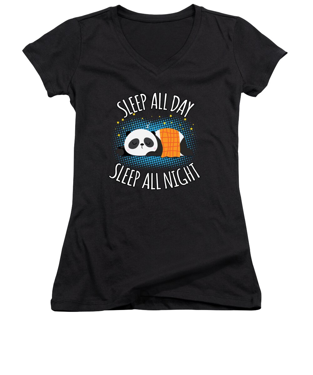 Sloth Women's V-Neck featuring the digital art Sleep All Day Sleep All Night Lazy Panda #1 by Mister Tee