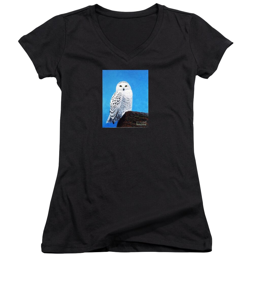 A Women's V-Neck featuring the painting A Snowy Owl for Magnus by Sarah Irland