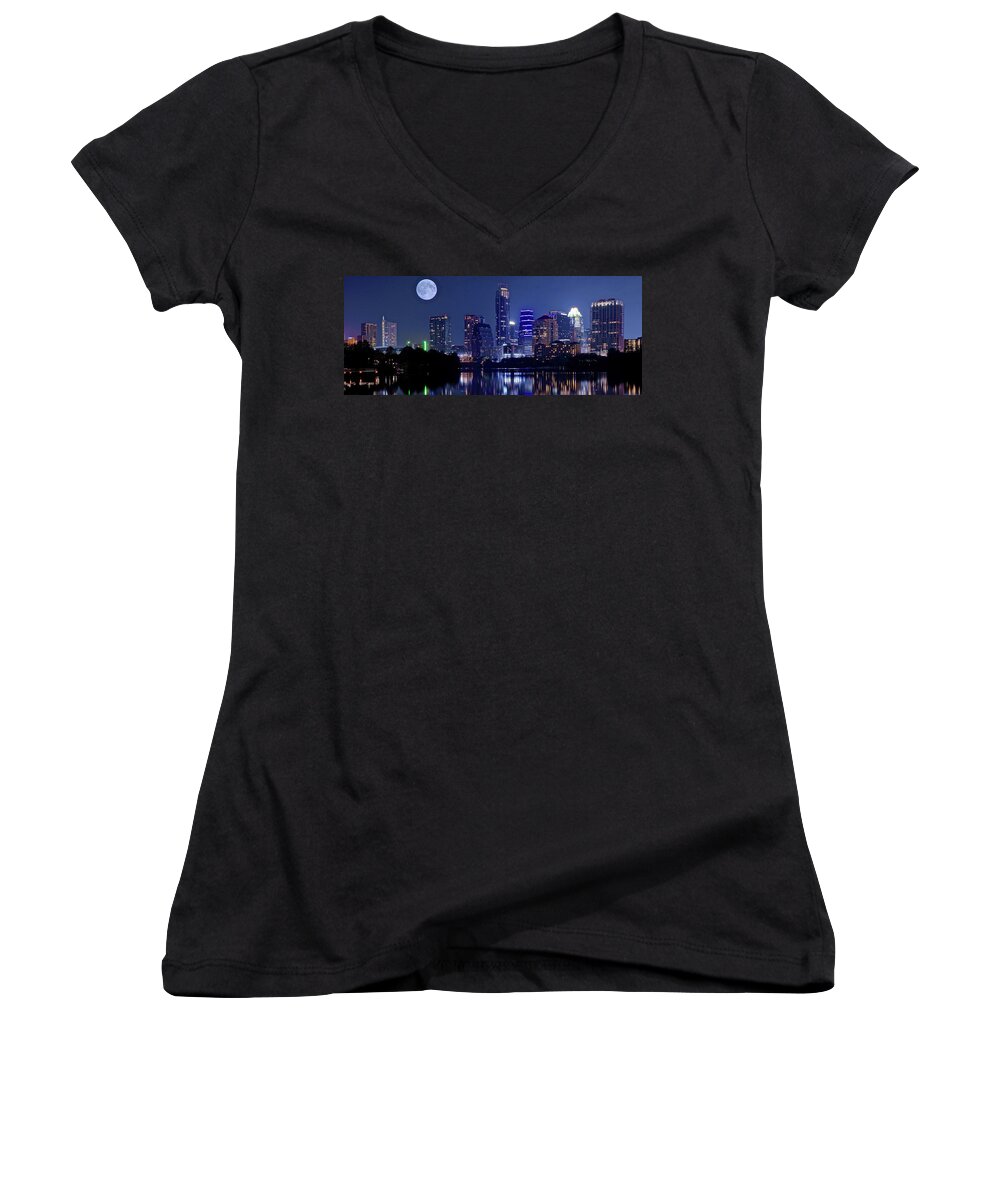 Austin Women's V-Neck featuring the photograph Austin at Lady Bird Lake with Moon by Frozen in Time Fine Art Photography