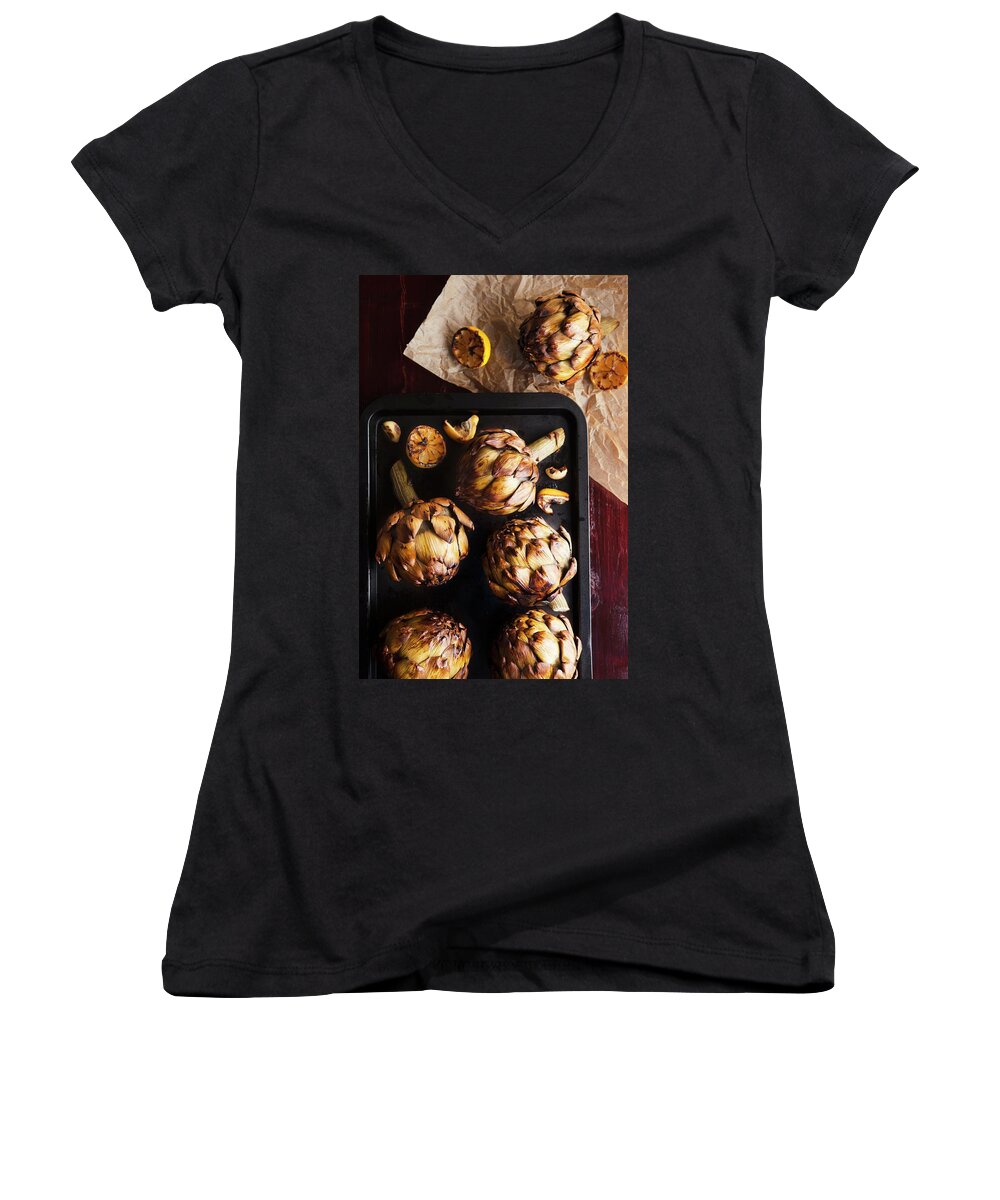 Ip_11223353 Women's V-Neck featuring the photograph Baked Artichokes With Lemon by Yellow Street Photos