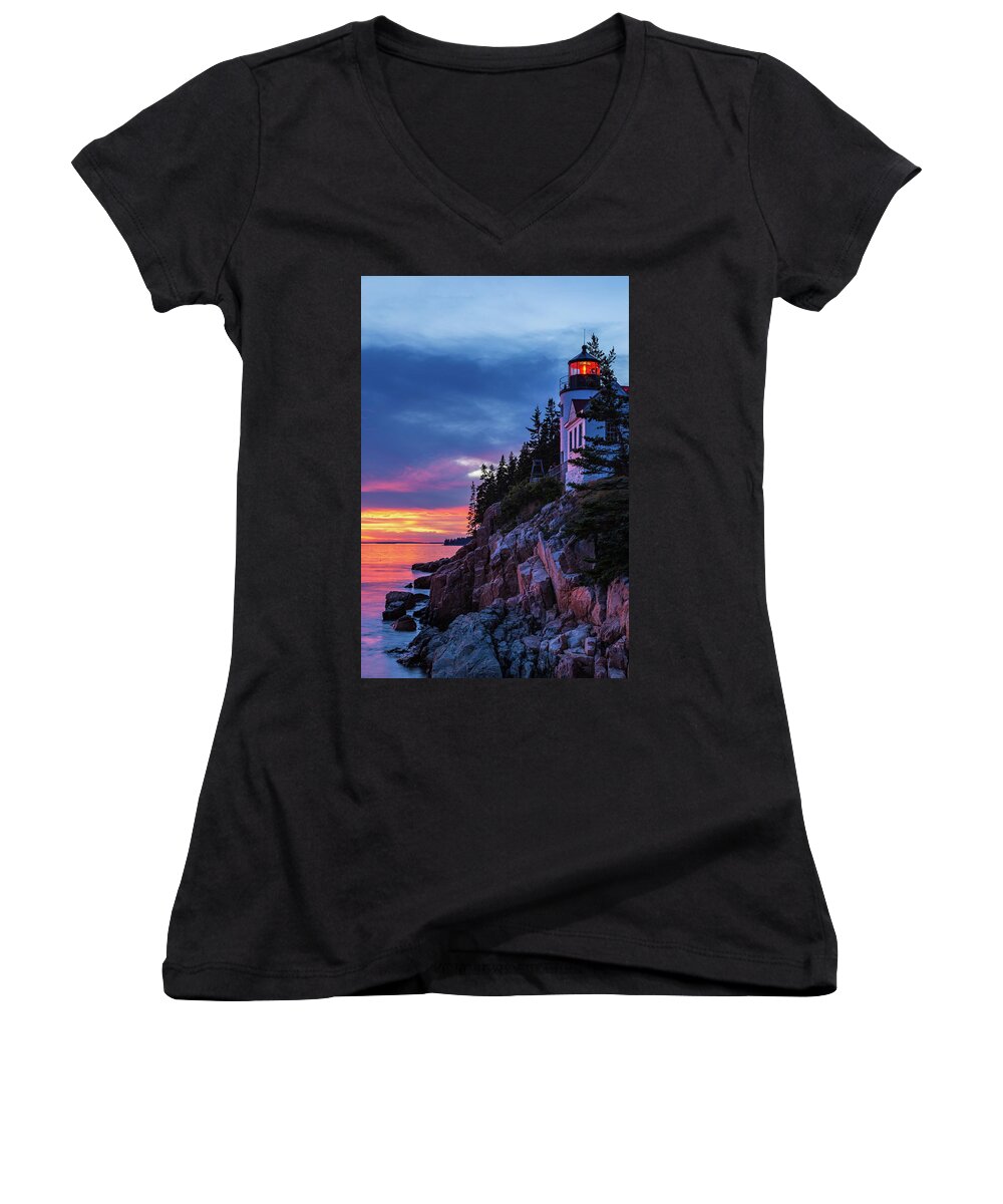 Maine Women's V-Neck featuring the photograph Bass Harbor Head Lighthouse at Twilight by Stefan Mazzola