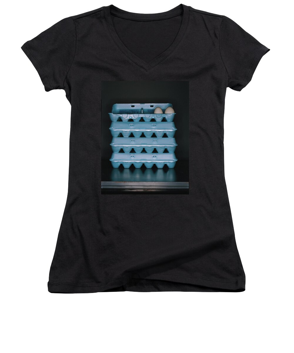 #new2022 Women's V-Neck featuring the photograph Blue Eggs Cartons by Romulo Yanes