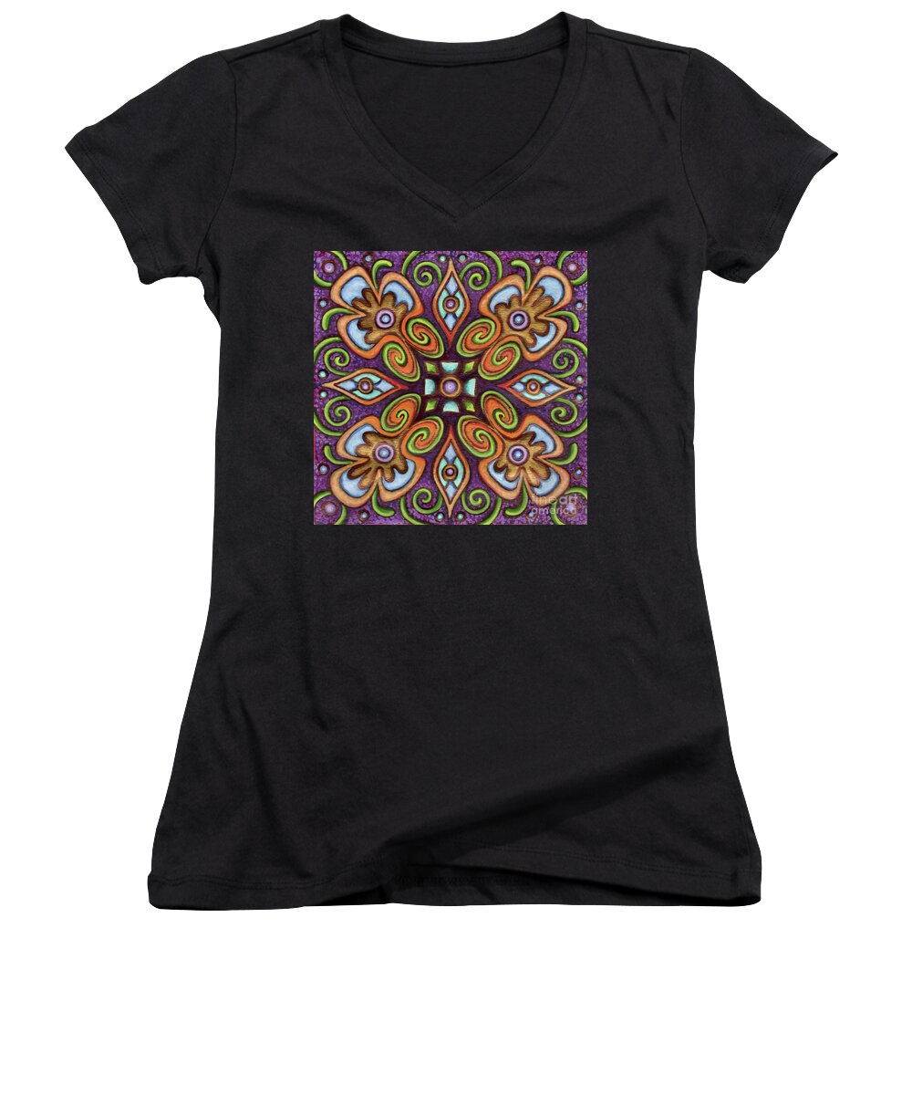 Ornamental Women's V-Neck featuring the painting Botanical Mandala 11 by Amy E Fraser