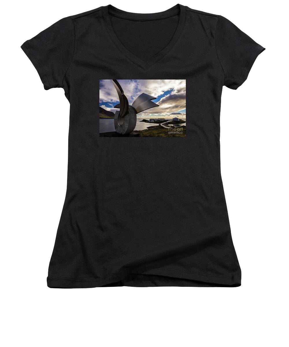 Monument Women's V-Neck featuring the photograph Brakin monument at dusk, Borgarnes, Iceland by Lyl Dil Creations