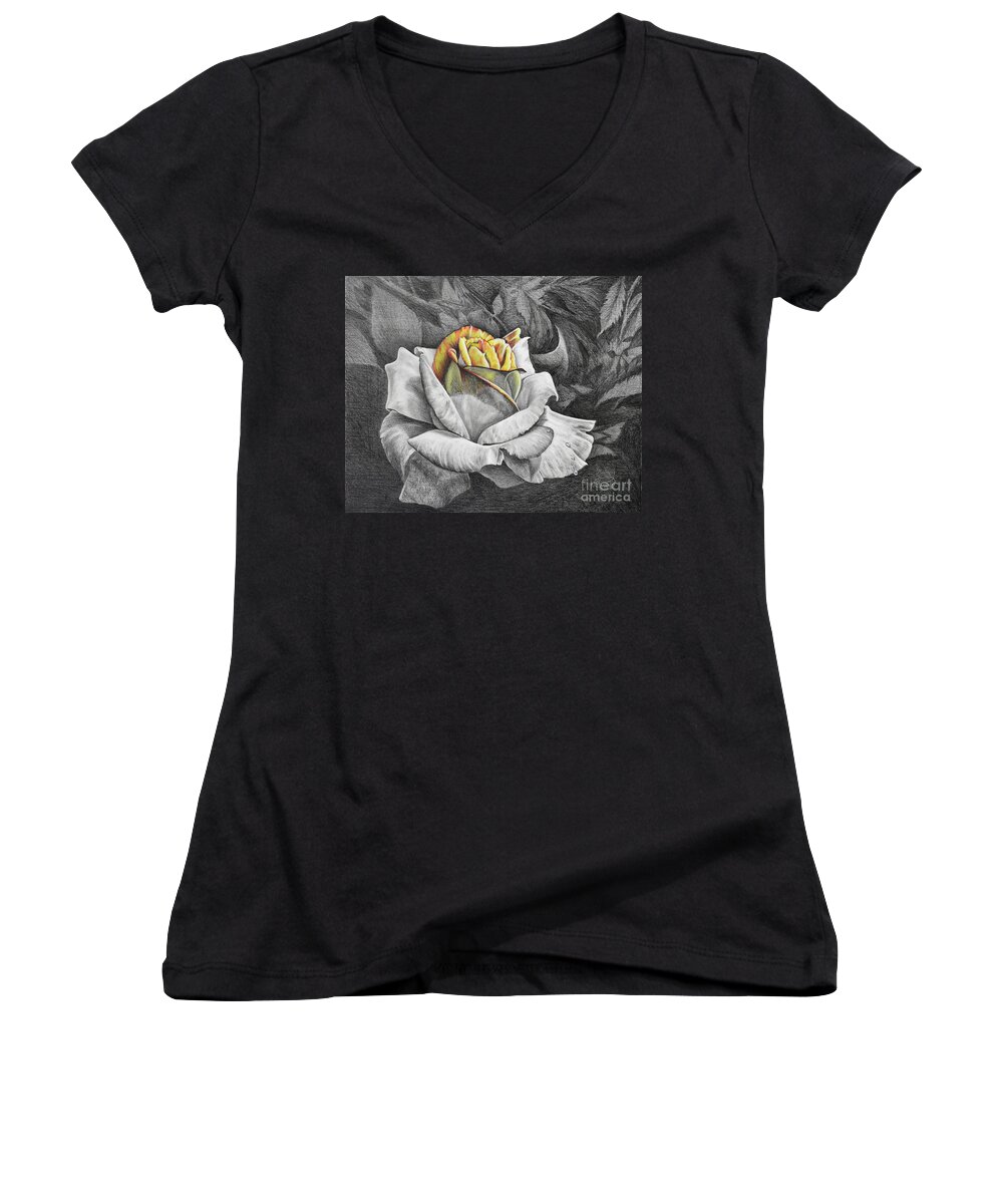Rose Women's V-Neck featuring the drawing Dawn by Nancy Cupp