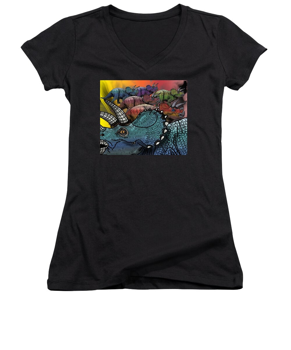 Dinosaur Women's V-Neck featuring the drawing Dinosaur Triceratops Herd by Joan Stratton