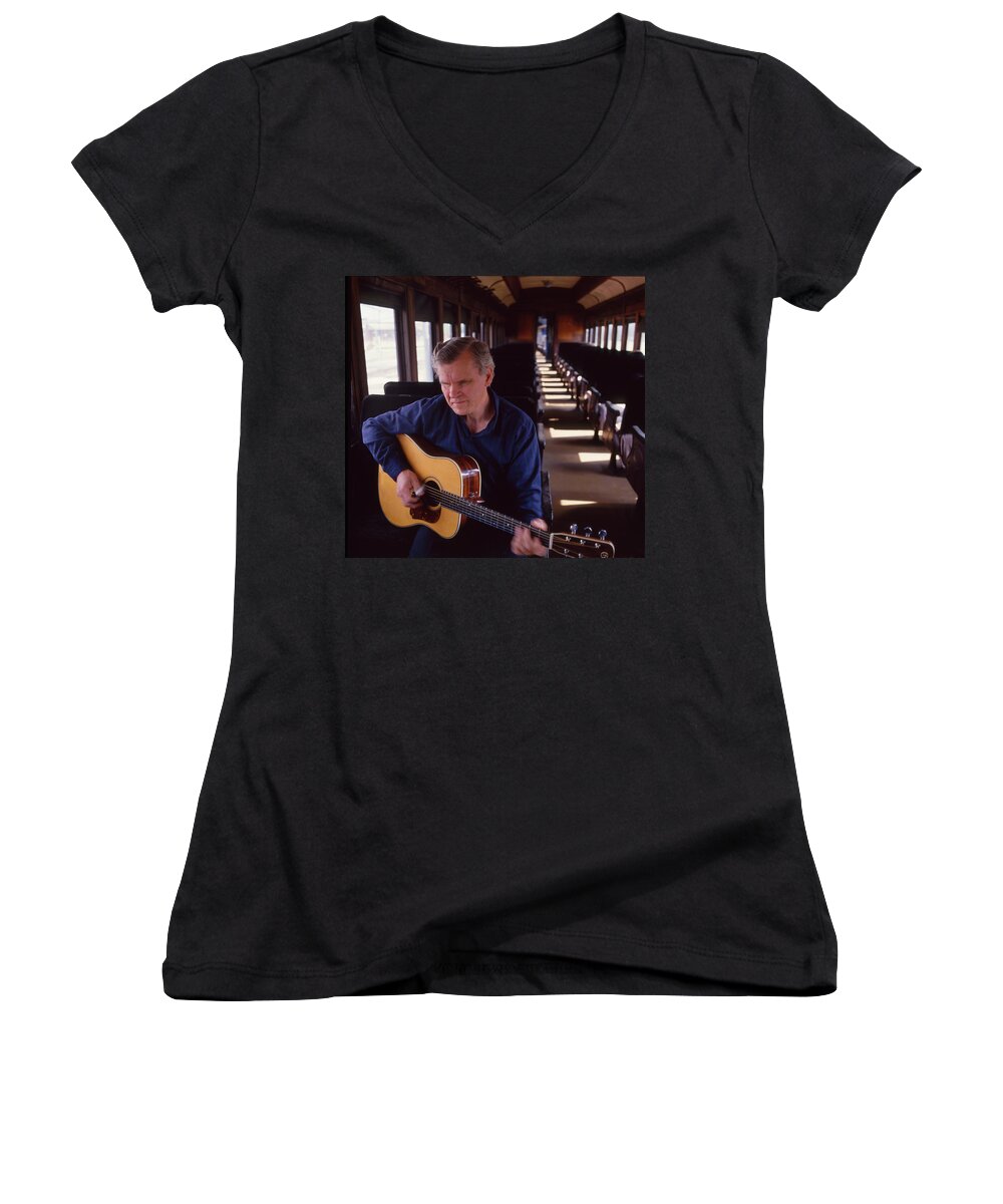 American Guitarist Women's V-Neck featuring the photograph Doc Watson Cover Of Riding The Midnight by W & D McINTYRE