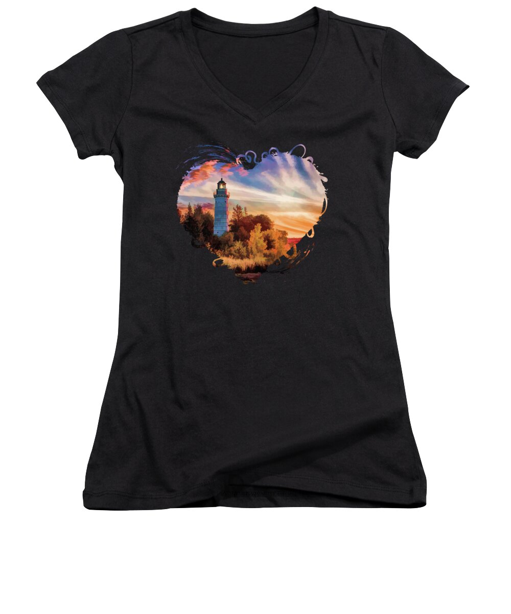 Door County Women's V-Neck featuring the painting Door County Cana Island Lighthouse Sunrise Panorama by Christopher Arndt