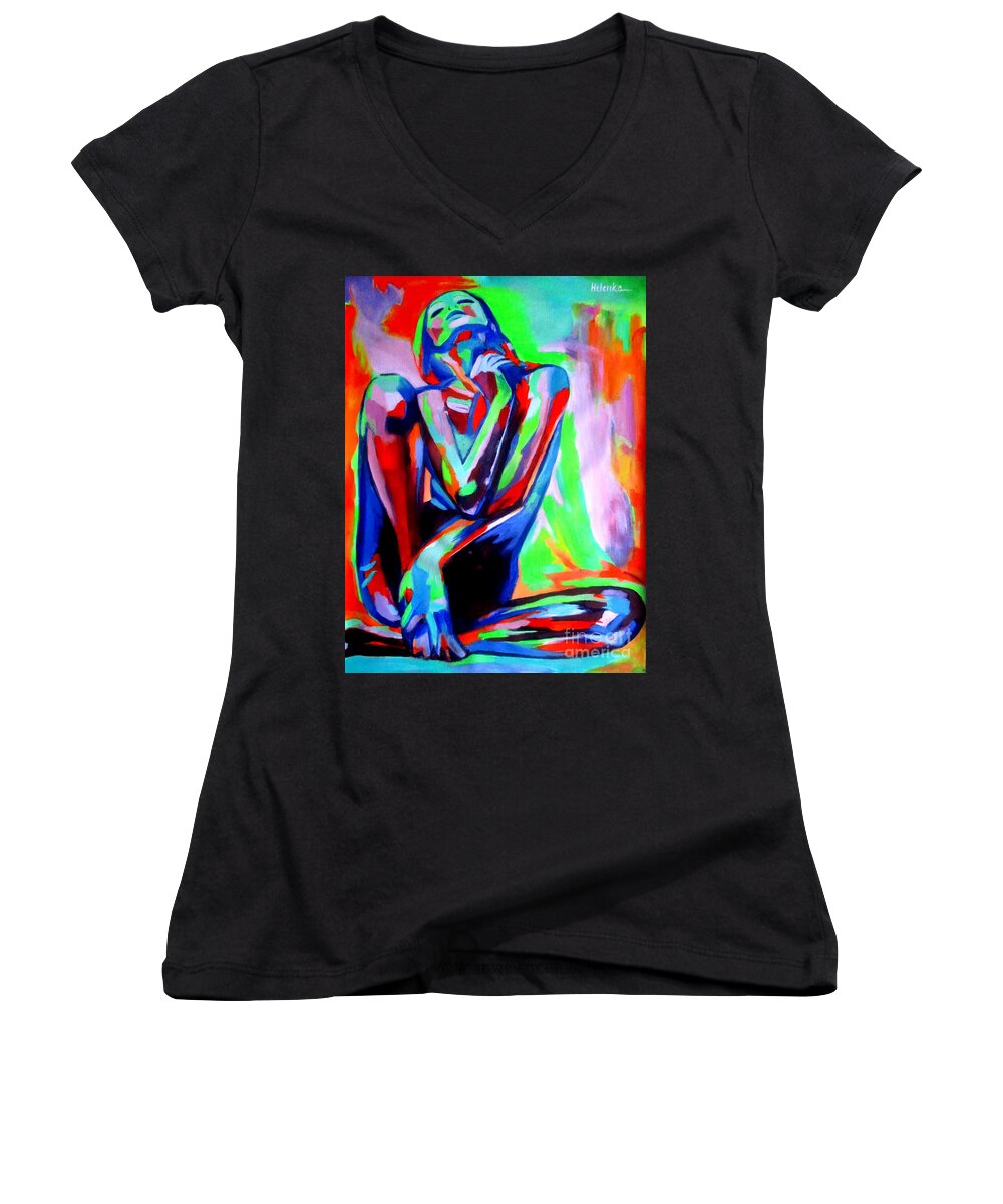 Nude Figures Women's V-Neck featuring the painting Fervidly by Helena Wierzbicki