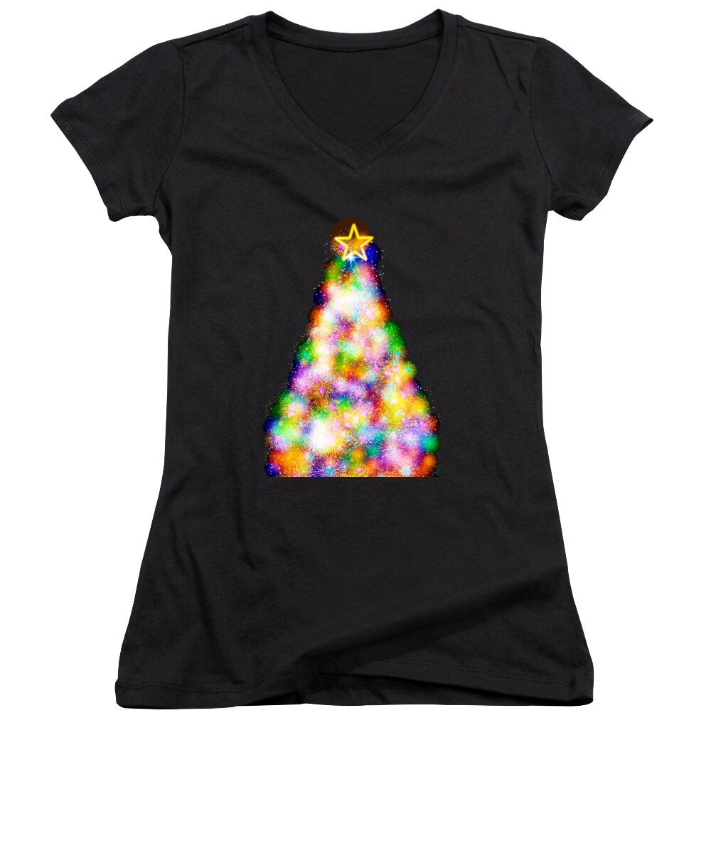 Christmas Women's V-Neck featuring the digital art Fiber Optic Christmas Tree by Rachel Hannah
