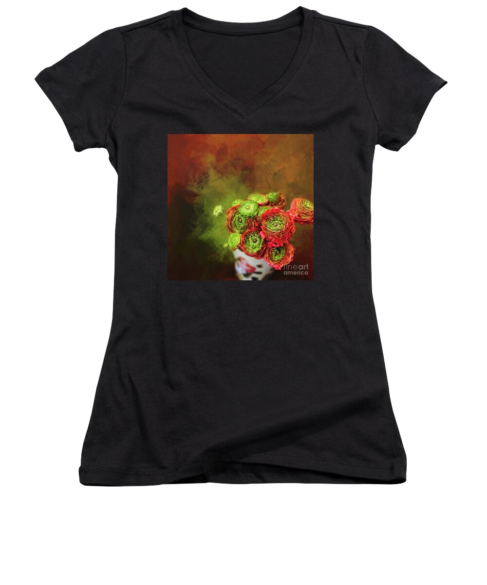 Flowers Women's V-Neck featuring the mixed media Flowers For Mom by Eva Lechner