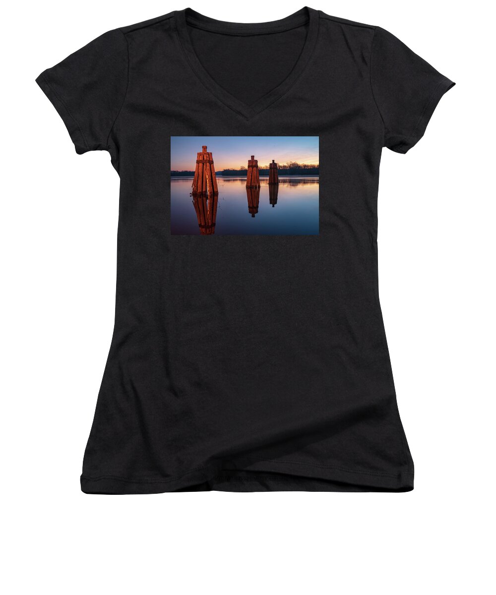 Rocky Hill Women's V-Neck featuring the photograph Group of three docking piles on Connecticut river by Kyle Lee