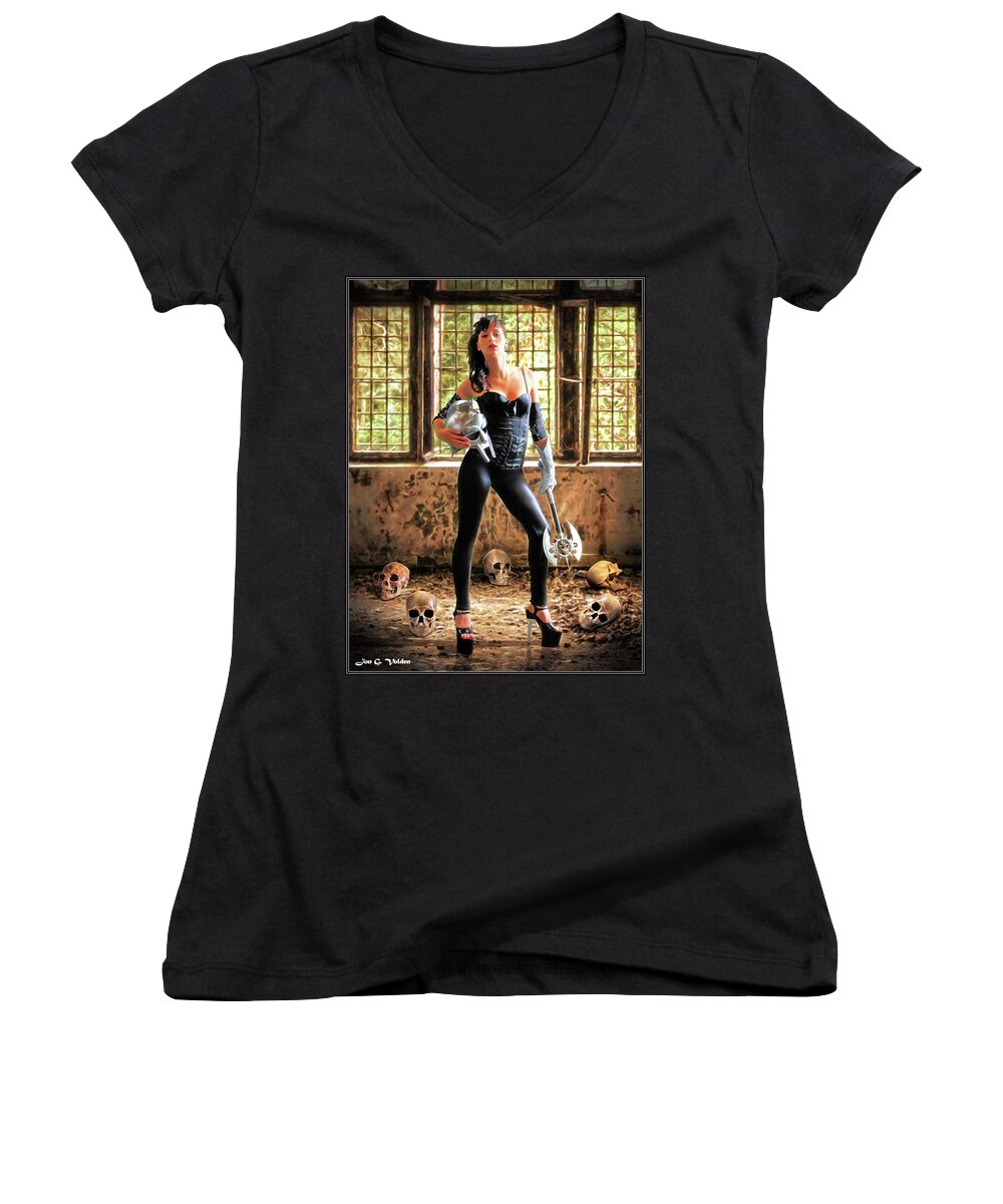 Zombie Women's V-Neck featuring the photograph High Heeled Zombie Slayer by Jon Volden