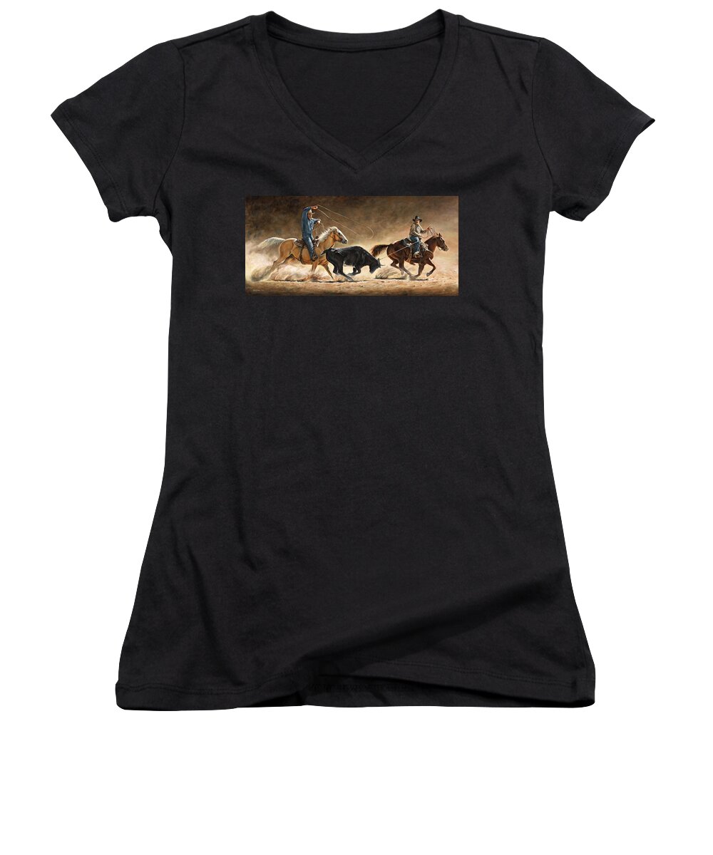 Cowboy Women's V-Neck featuring the painting In the Money by Kim Lockman