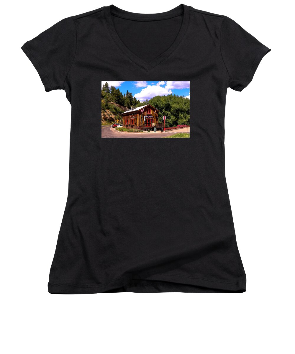 Minturn Women's V-Neck featuring the photograph Minturn Anglers in Minturn Colorado by Ola Allen
