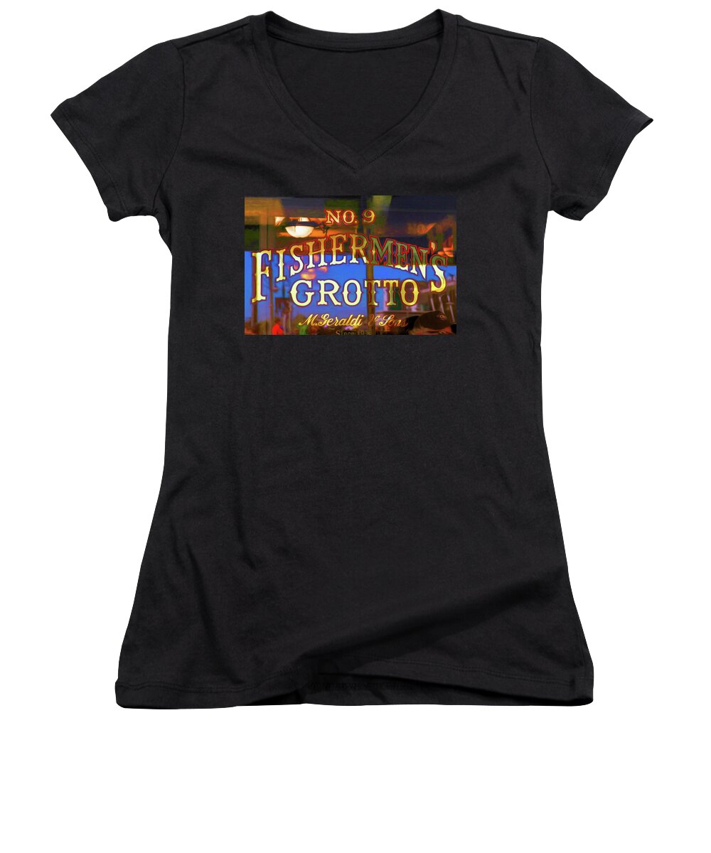 Fishermens Grotto Window Signage Women's V-Neck featuring the photograph No. 9 Fishermens Grotto Window Signage by Bonnie Follett