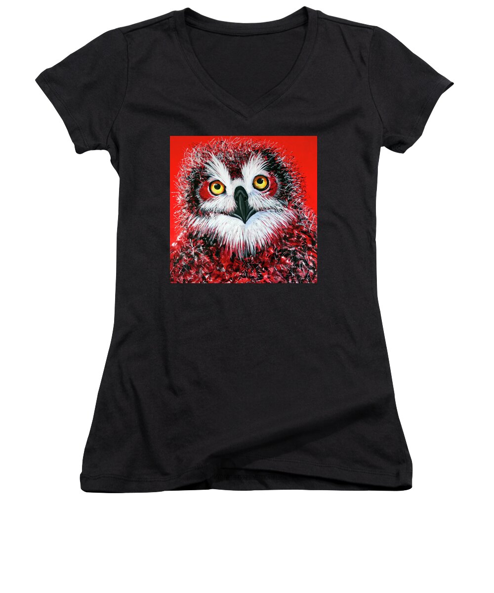 Owl Women's V-Neck featuring the painting OL Owlet by Laurel Bahe