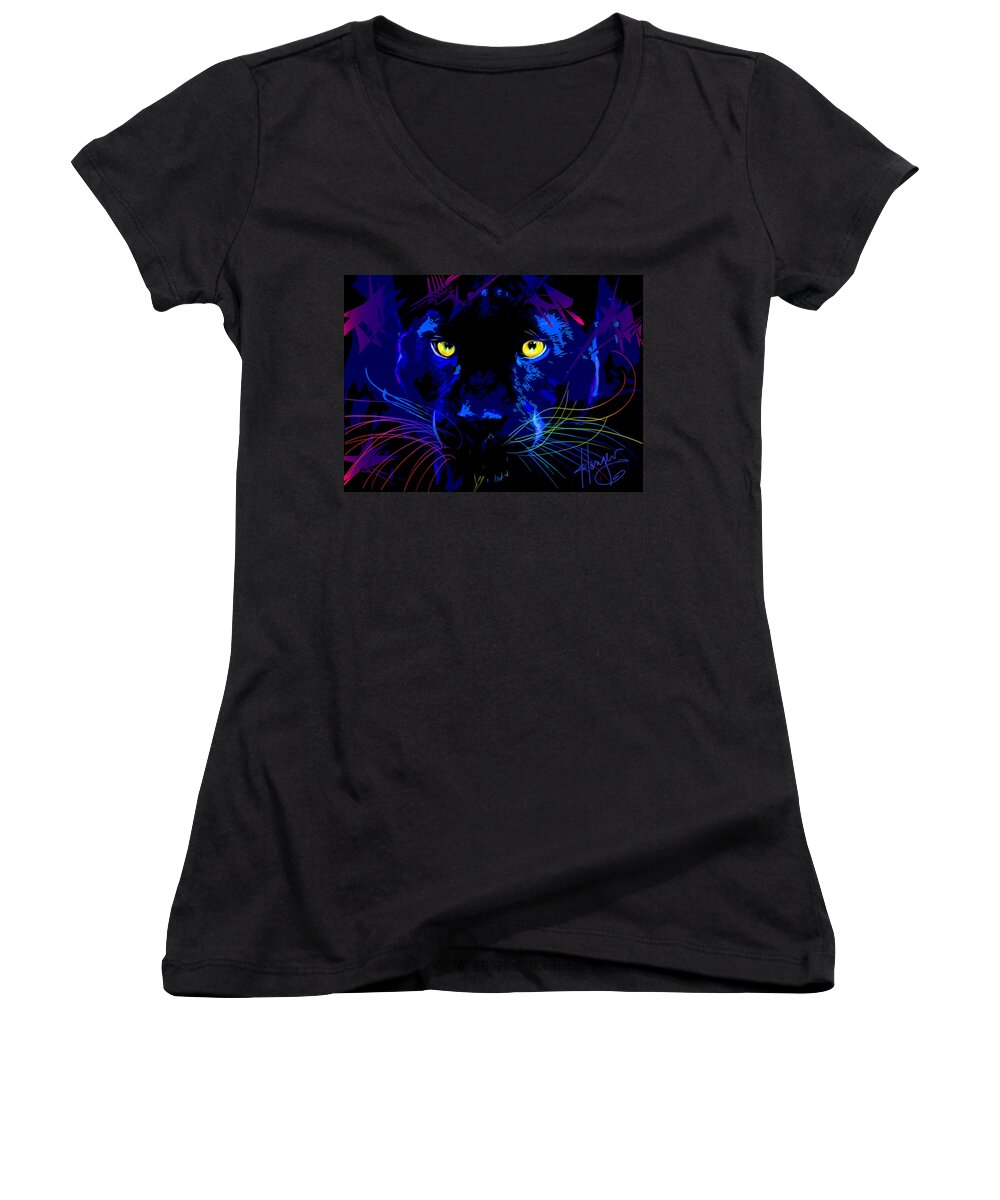 Black Cat Women's V-Neck featuring the painting pOpCat Black Panther by DC Langer