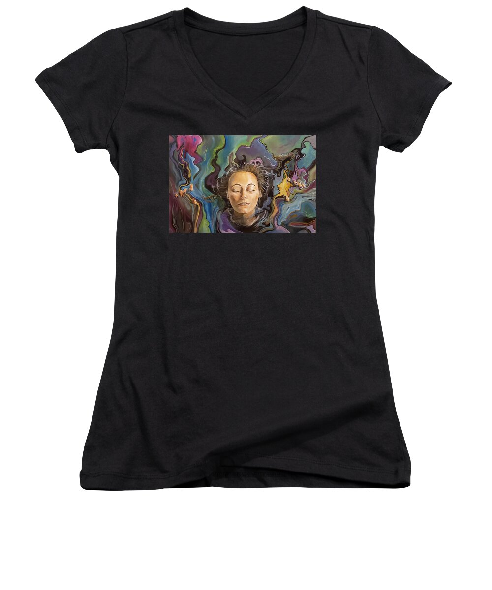 Oil Women's V-Neck featuring the painting Precarious by James Andrews