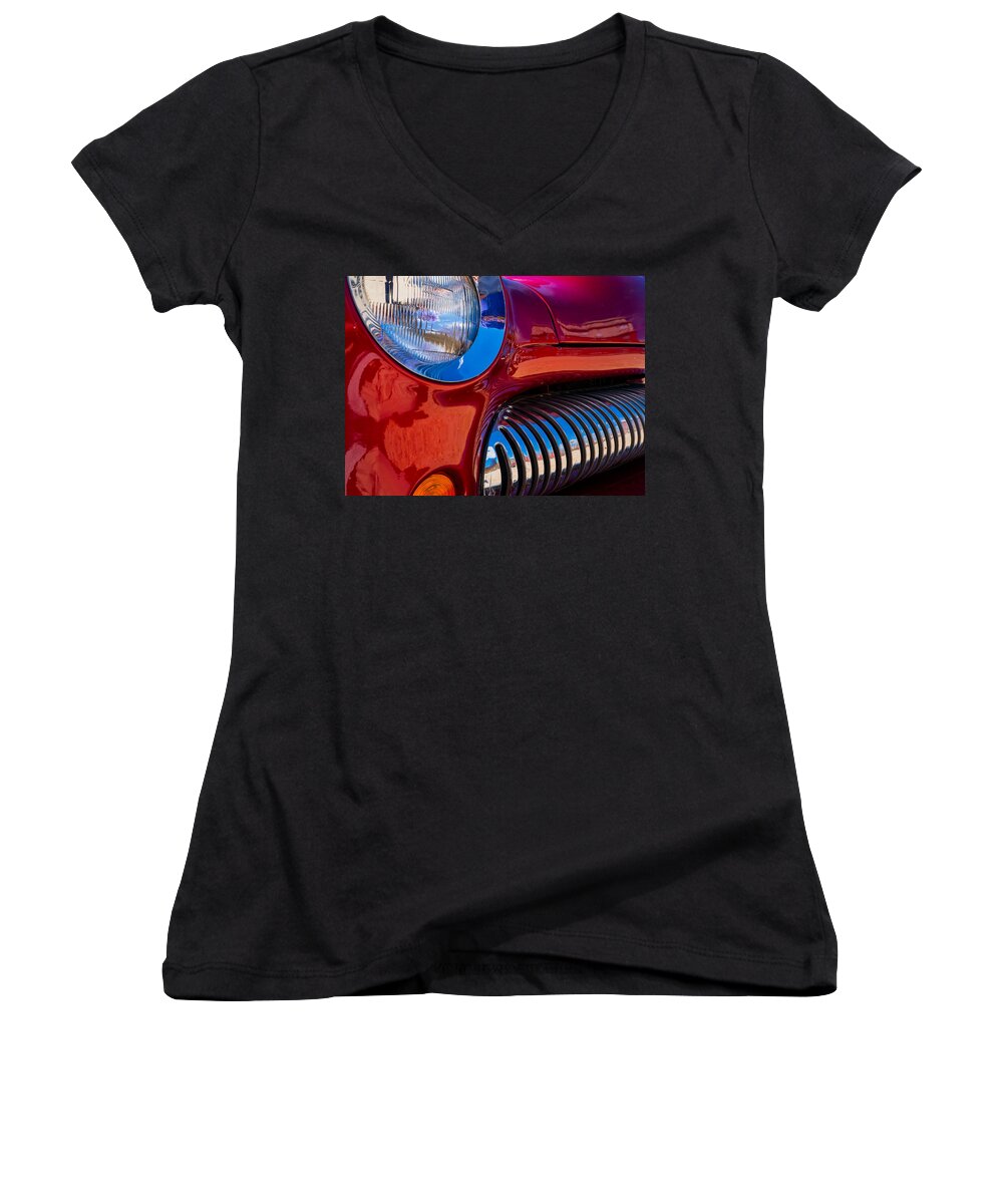 Red Women's V-Neck featuring the photograph Red Car Chrome Grill by Tom Gresham