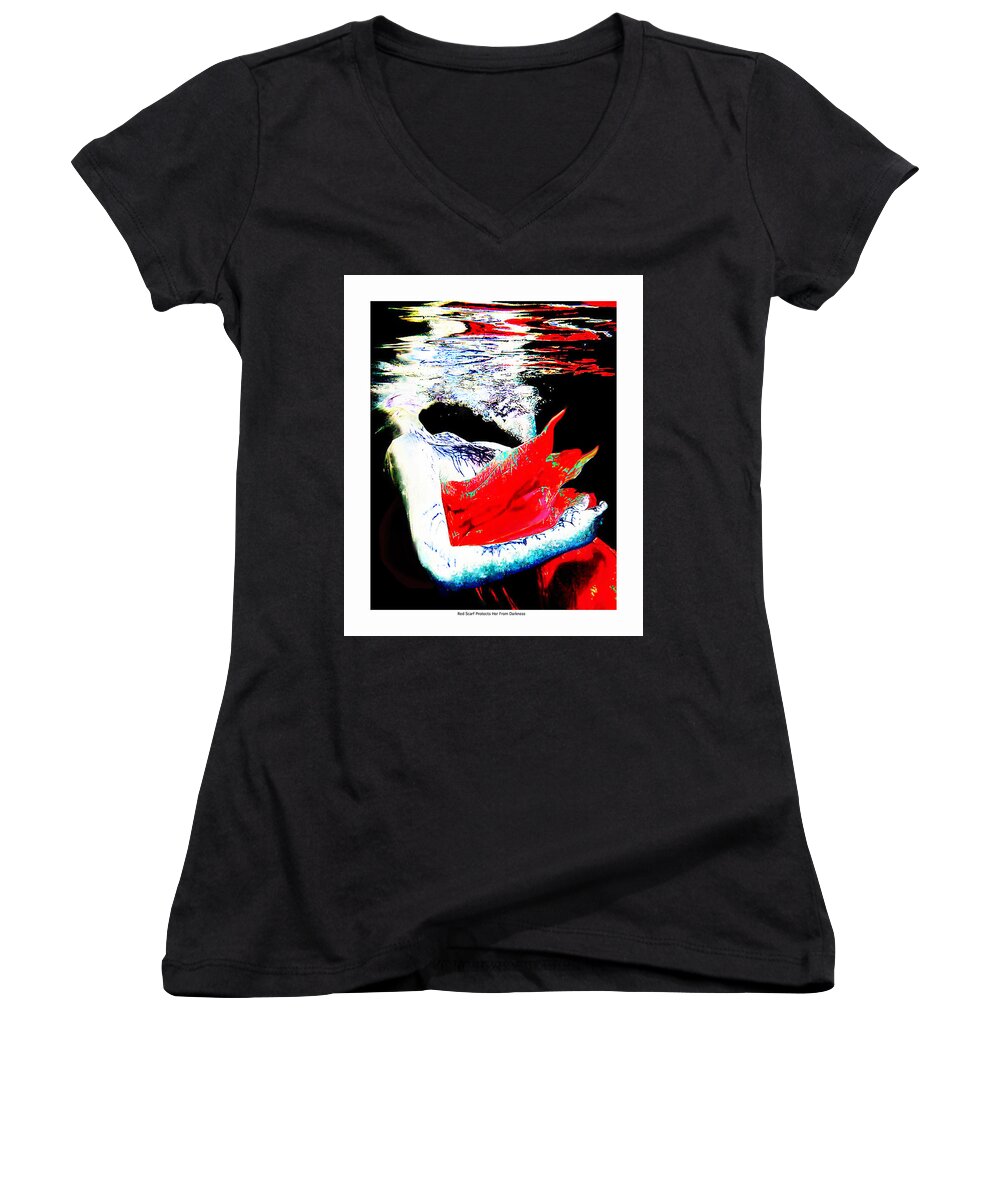 Underwater Women's V-Neck featuring the digital art Red Scarf protects her from the Darkness by Leo Malboeuf