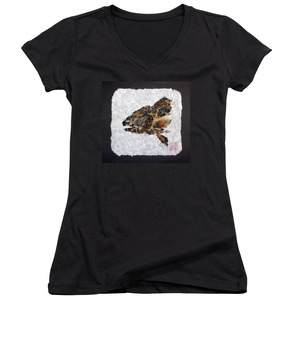 Fish Women's V-Neck featuring the painting Redfish Head with Border by Adrienne Dye