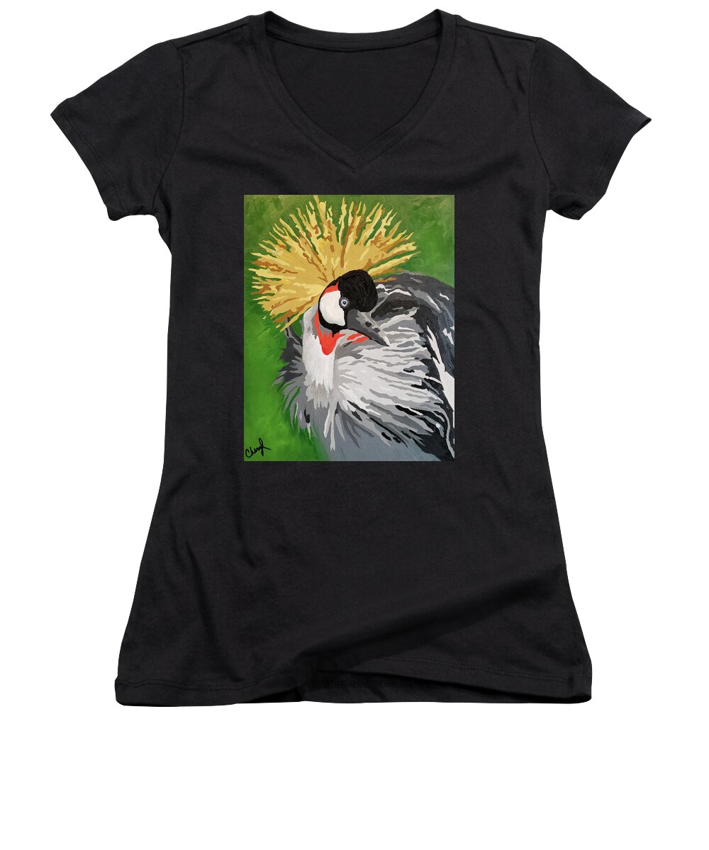Crane Women's V-Neck featuring the painting Royalty Wears A Crown by Cheryl Bowman