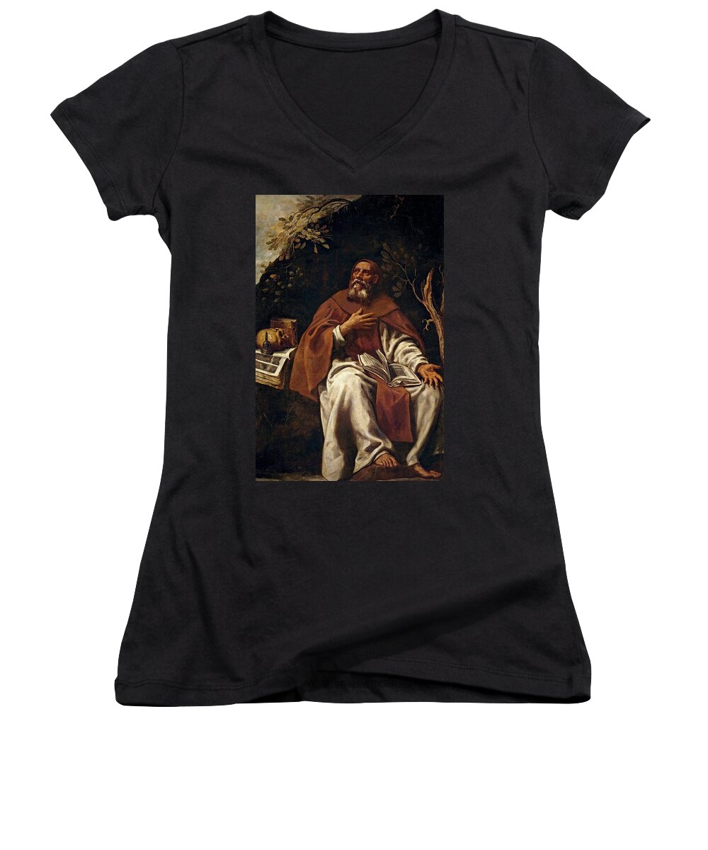Luis Tristan Women's V-Neck featuring the painting 'Saint Anthony the Abbot', 17th century, Spanish School, Oil on canvas, 167 cm x 1... by Luis Tristan de Escamilla -c 1587-1624-